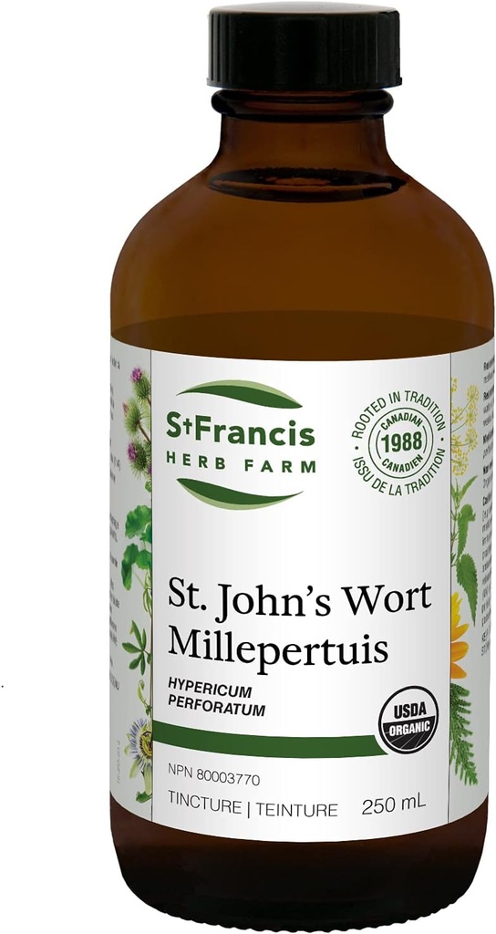세인트 Francis Herb Farm St. John 's Wort Herbal Tincture Liquid | 안심하고 믿을 수 있는 안심 | 전통 초본 진정 | 유기농 | 비 GMO | 루테스프리 | (250ml)