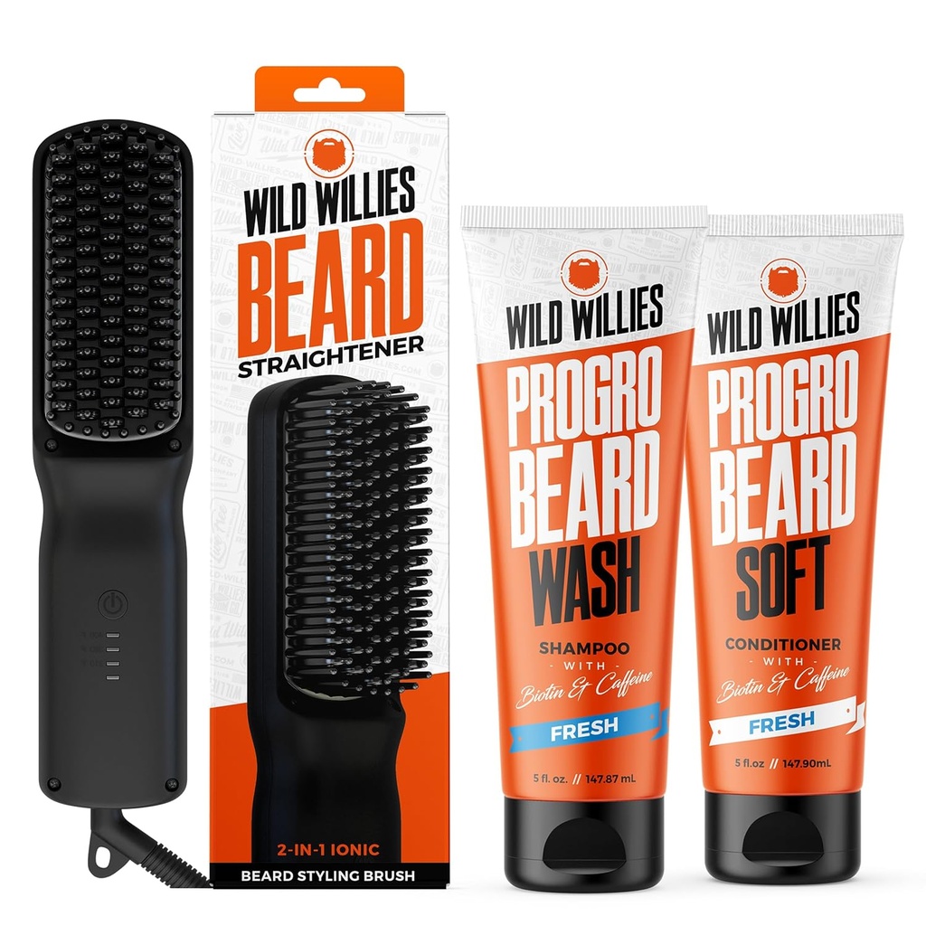 Wild Willies Beard Grooming Kit - 남자를위한 Beard Straightener, PROGRO - 머리 성장을위한 Biotin & Caffeine, Wash, Hydration - Ionic 2-in-1 Heated Comb Brush, Made in USA