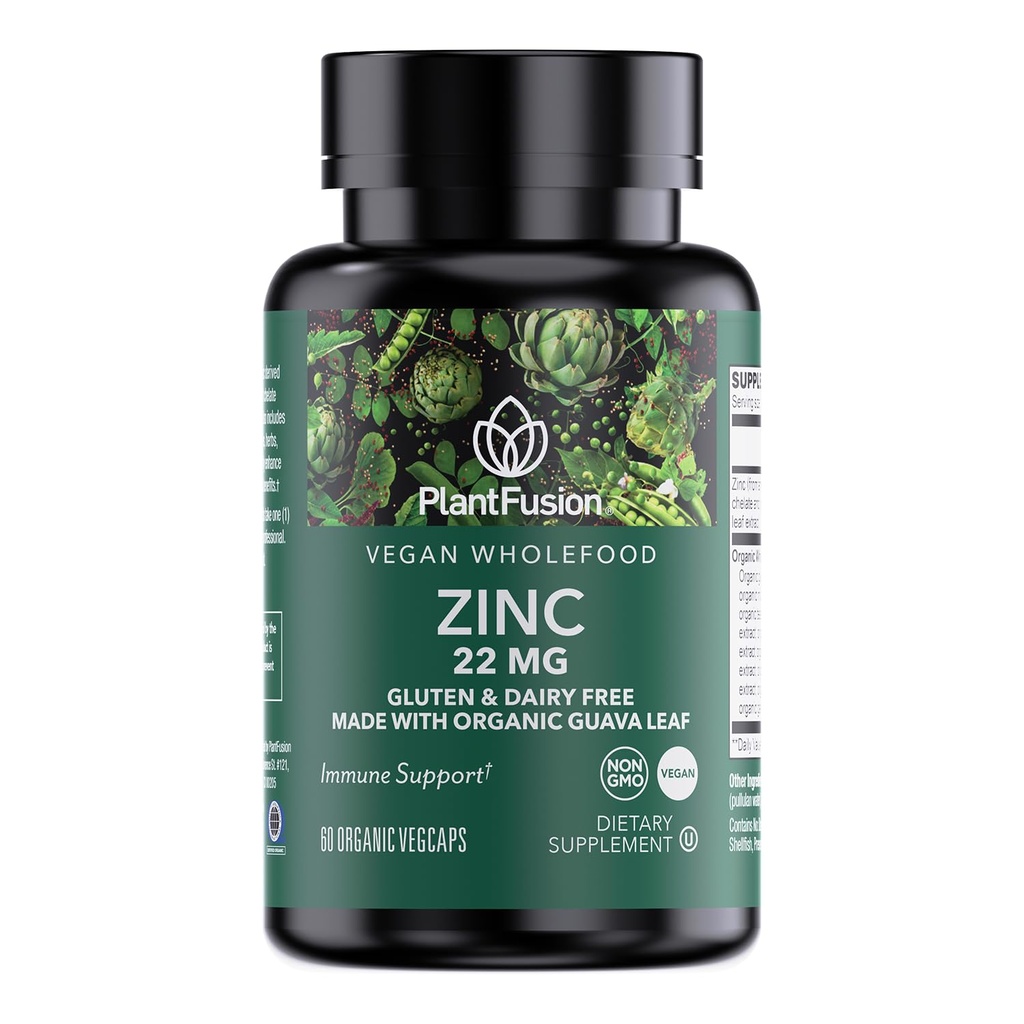 PlantFusion Vegan 아연 보충제 22 mg – 전체 식품 단지, Immune 지원을위한 유기 Guava 잎에서 킬레이트 아연 시트, 60 캡슐