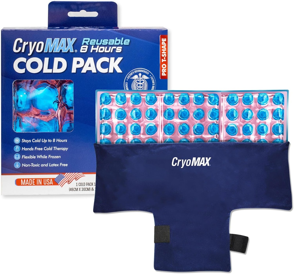 CryoMAX 재사용 가능한 콜드 팩 - 8-Hour Long-Lasting Cold Therapy Ice Pack, 조절 가능한 착용 가능한 압축 스트랩, 통증 완화, 부상, Hip Surgery Swelling, Migraines - T-Shape (1 개)