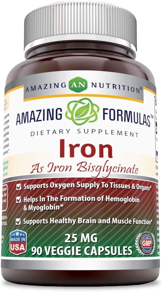 철 Bisglycinate 25 Mg Veggie 캡슐 (비 GMO, 글루텐 무료)로 놀라운 수식 철 - Hemoglobin & Myoglobin의 형성에 조직 및 조직에 산소 공급을 지원합니다. (90 Veggie 캡슐)