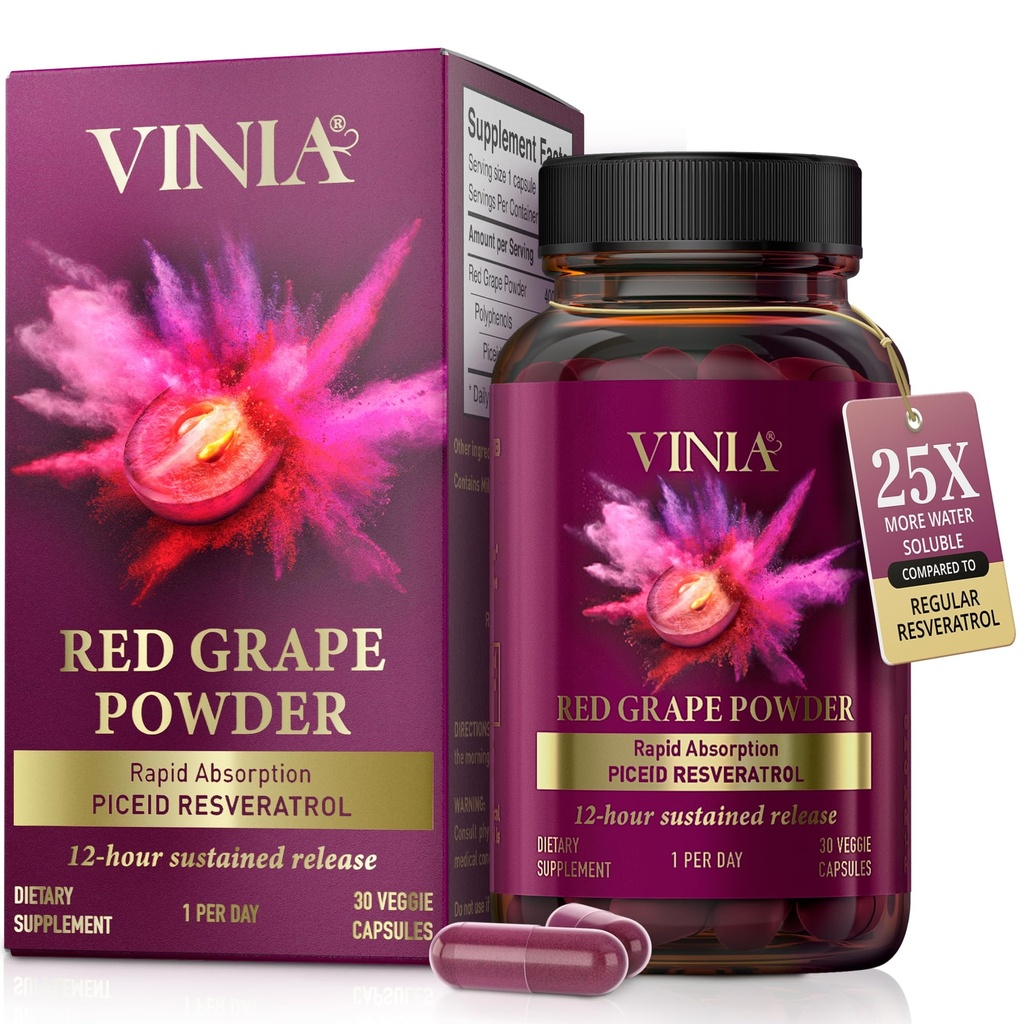VINIA 12-Hour 오래 견딘 향료 Resveratrol 보충교재. Nitric 산화물 부스터. 지원 심장 건강, 혈액 교류, 부스트 산소 Superfood 분말, 친절한 Keto. Vegan & 비 GMO. 30 일 공급