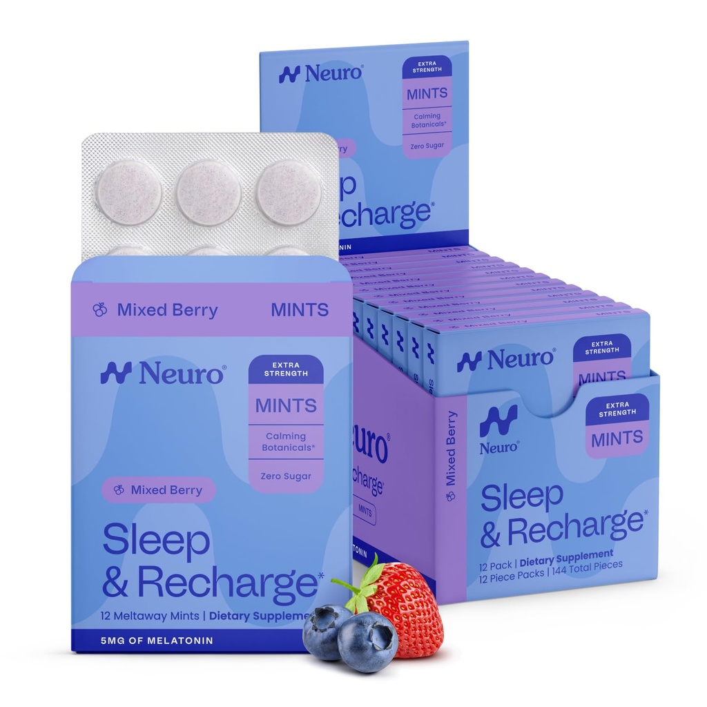 Neuro Melatonin 5mg Sleep & Recharge Mints (144 조각) - 더 나은 수면을위한 레몬 Balm & Chamomile과 함께 빠른 용해 멜라토닌 설탕 무료 민트 - 성인을위한 Calm 수면 보충 - 나이트 베리 풍미