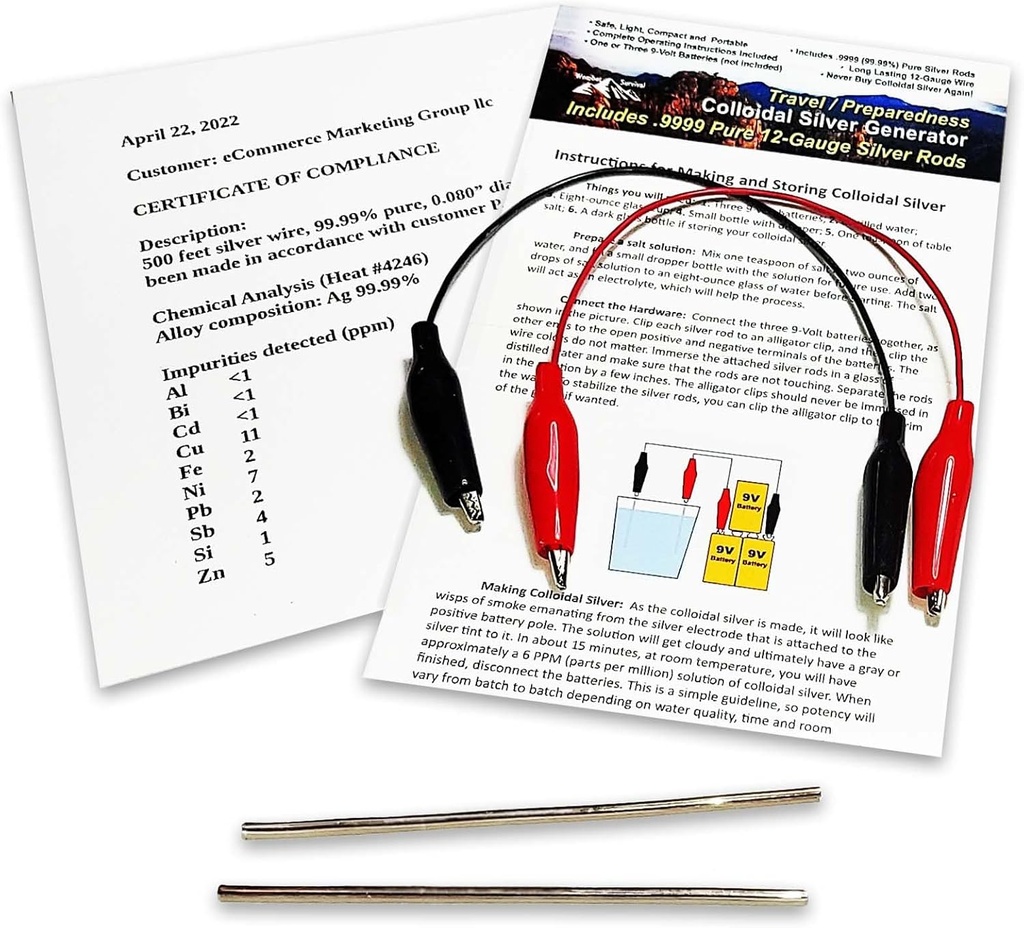 콜로이드 실버 발전기 와이어 99.99% 순수 12 게이지 (0.08 in./2.06 mm) 세트의 (2) 4-Inch Rods + Mini/Travel Generator - 포함 와이어 + 완료 지침