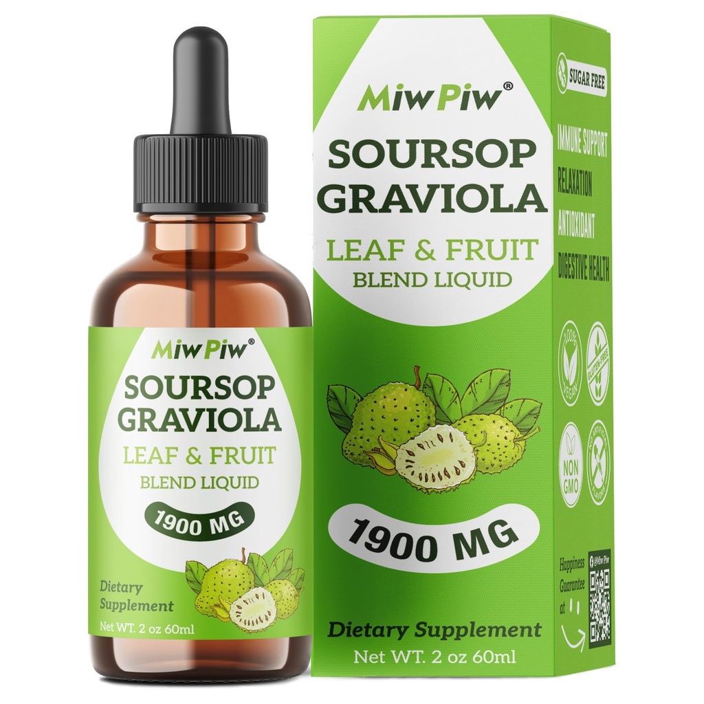 Soursop Graviola 액체 드롭 1900MG 2Fl Oz, Soursop Bitter 잎 추출물 보충 교재, 수면 휴식 지원 및 면역 부스트 - 설탕 무료, 자연 풍미, 초본 Goodness