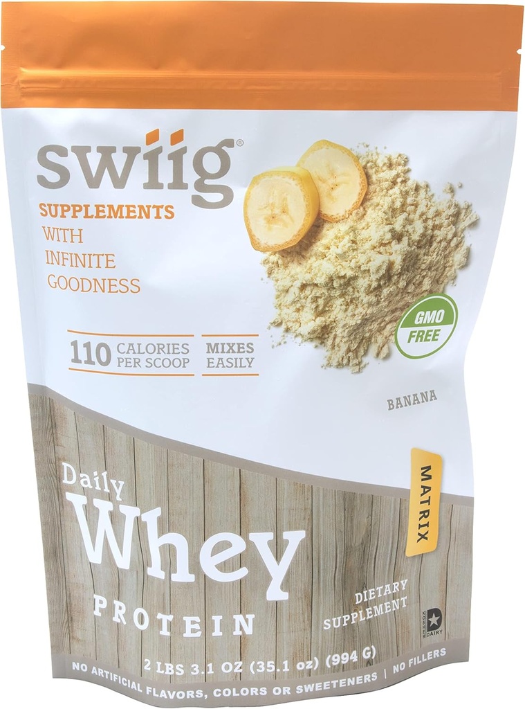 swiig Premium Daily Whey Protein Matrix Banana 2.2 lb - 20g Protein Gluten-Free Non-GMO No Fillers 근육 회복을위한 아미노산으로 향상된 인공 풍미