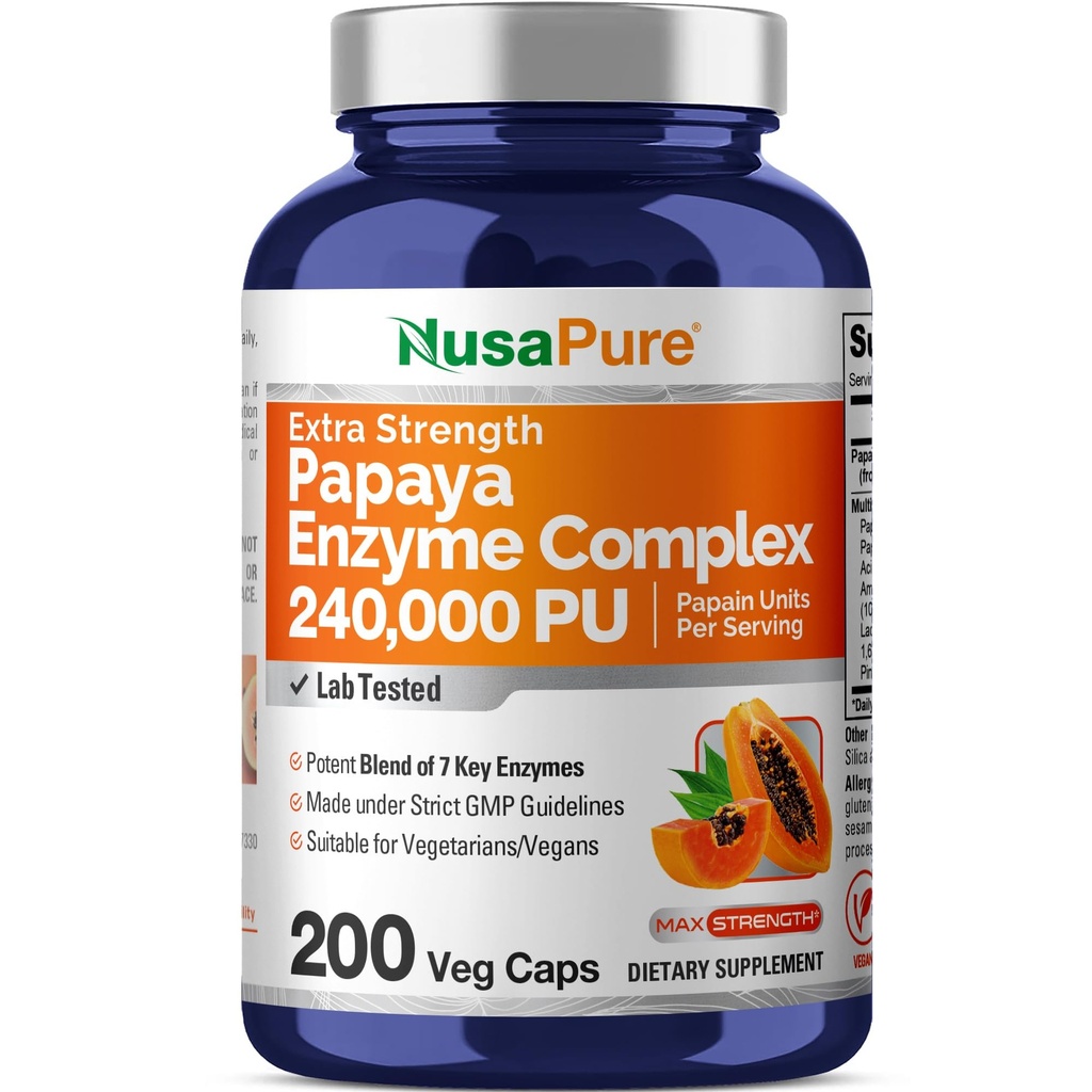 NusaPure Papaya Papain Enzyme Complex 240,000 PU - 200 Veggie Caps - 100 % 채식주의, 비 GMO
