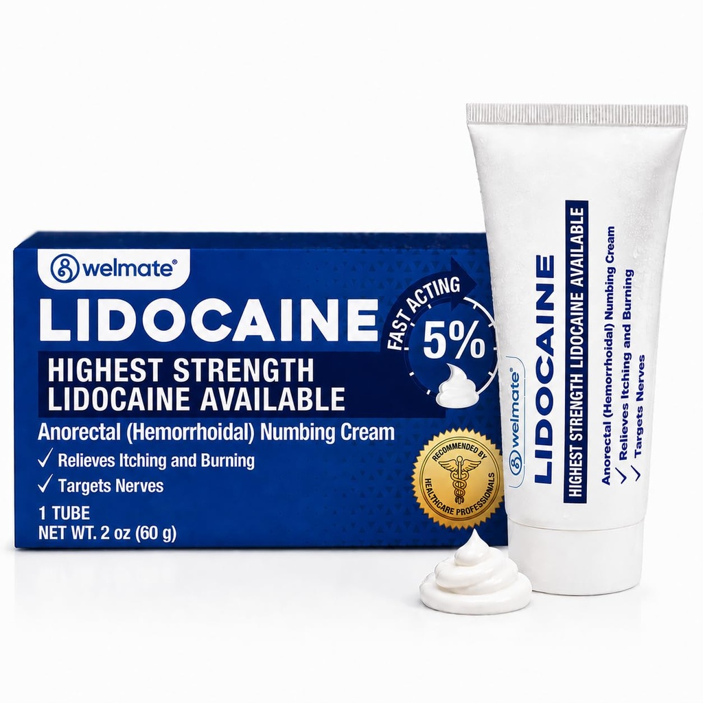 WELMATE - 5% 리도카인 누비질 크림, 2oz (60g) - 최대 힘 리도카인 크림 - 치질 기복 - 외부 사용 마취약, 비타민 E - 아이 저항하는 - 화제 피부 배려