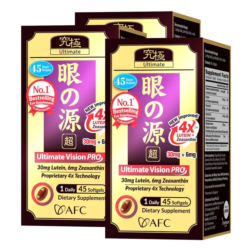 AFC Japan Ultimate Vision PRO - 개선 된, 최대 공급형 - Lutein, Zeaxanthin 4X, Bilberry, Blurry Dry Eyes, Macular Health & Focus, 45 Softgelsx3를 가진 눈 건강을 지원하는 비타민