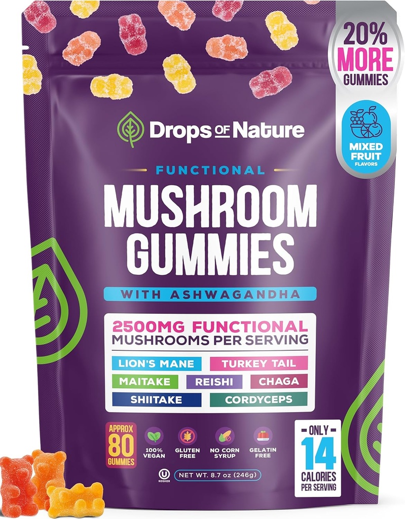 Ashwagandha Gummies와 사자 Mane 버섯 Gummies 보충교재 - 유기 - Reishi, Cordyceps, 터키 꼬리, Maitake, Shitake, Chaga - 면역 방어, Boost Cognitive 성과, Vegan, 낮은 Carb