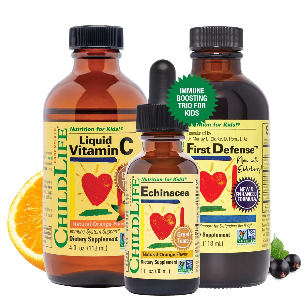 CHILDLIFE ESSENTIALS 면역 지원 3-Pack - 액체 비타민 C, 첫 번째 방어 및 Echinacea - 유아, 유아 및 어린이를위한 면역 부스트 보충제