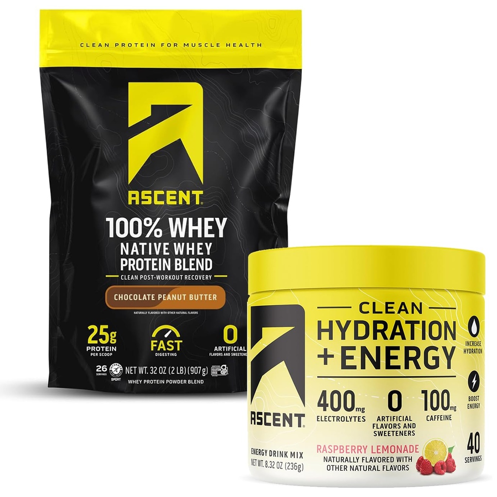 Ascent 100 % Whey Protein Powder, 초콜릿 땅콩 버터 2 lb & Hydration + Energy Electrolytes, 라즈베리 Lemonade 40 서빙