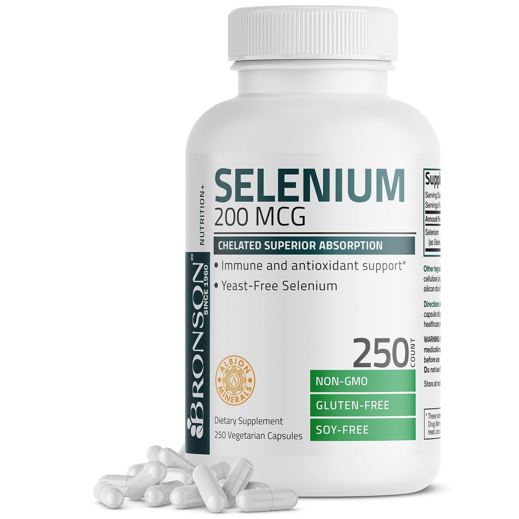 Bronson Selenium 200 mcg – Yeast Free Chelated Amino Acid Complex - 우량한 흡수, 250 채식 캡슐을 가진 필수 추적 무기