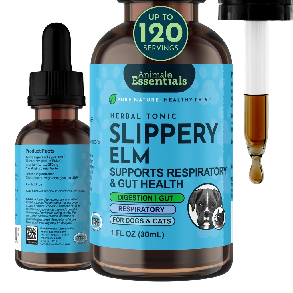 동물성 필수 Slippery Elm - Slippery Elm Bark Anti Diarrhea Drops for Dogs and Cats, 건강한 Gut, Digestive & Throat Support를 위한 유기 초본 추출물은, 산성 Reflux, 액체 공식 1개 fl oz를 돕습니다