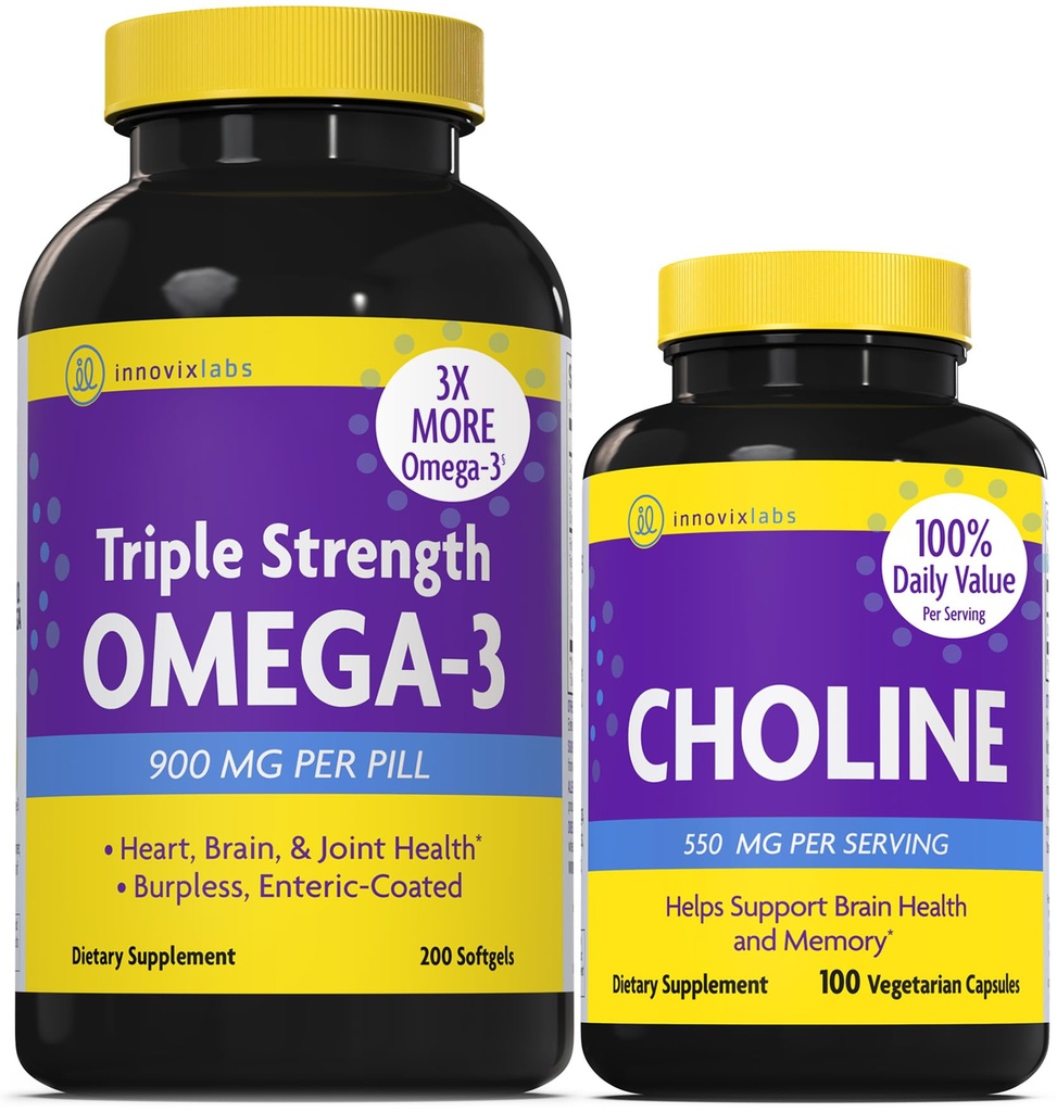 InnovixLabs Choline & Triple Omega-3 번들 콜린 비트 레이트 550mg (100 캡슐) 트리플 강도 오메가 (200 Softgels). Memory, Mood, Brain Health & Boost Cognitive 지원