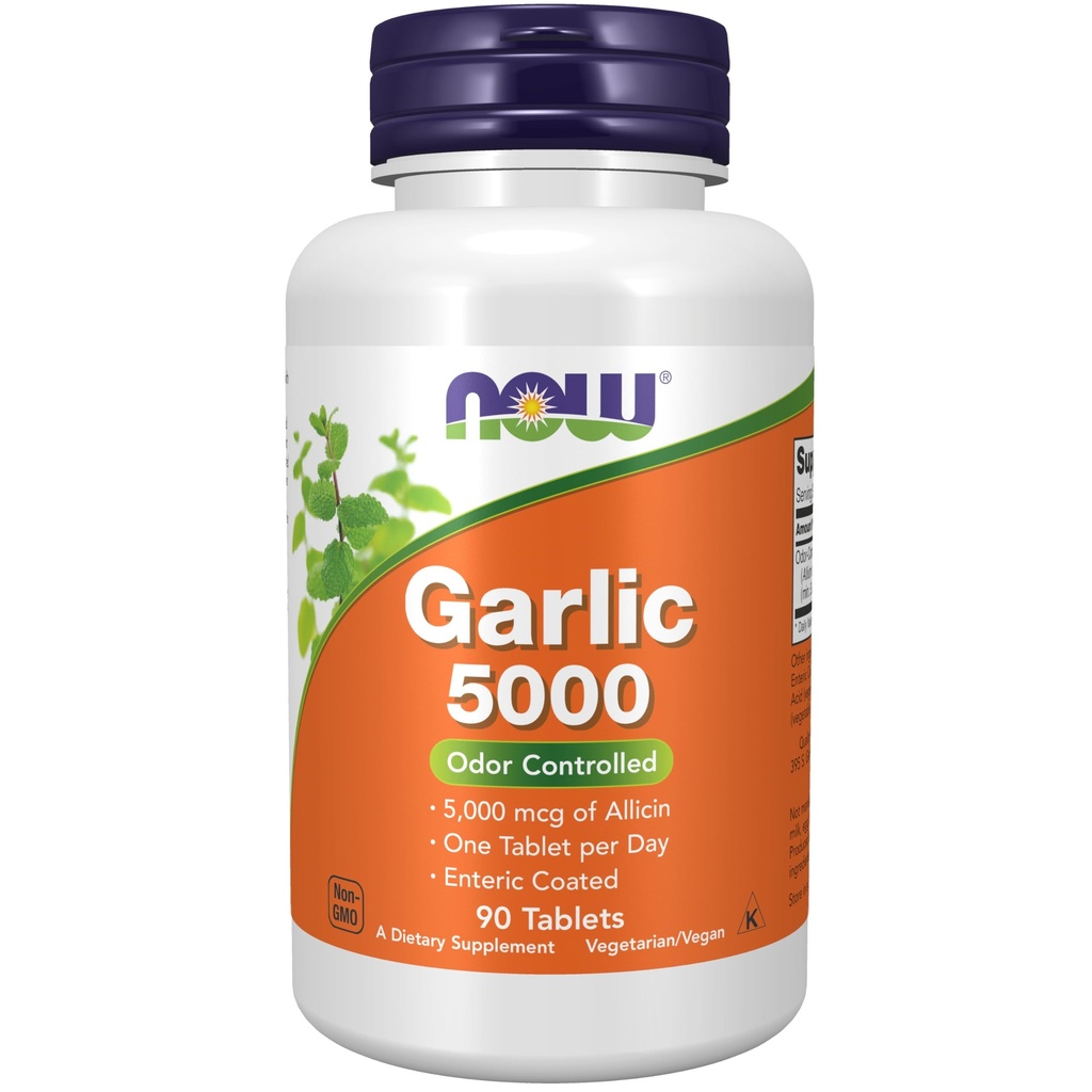 지금 식품 보충제, 마늘 5,000 (Allium sativum), Enteric 코팅, 냄새 제어, 90 정제