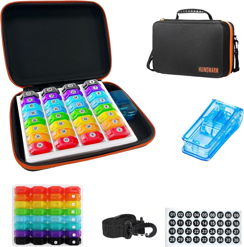 월간 Pill 주최자 1Time A Day,Pill 주최자 월간 1Time A Day with 32 Daily Compartments&1Pill Cutter&1Travel Case&1Shoulder Strap&2PCS 31 일 스티커. 안락한 손잡이, BPA 자유로운.