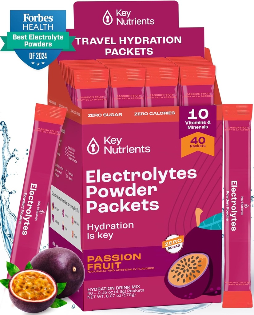 KEY NUTRIENTS Multivitamin Electrolytes Powder Packets - 맛있는 열정 과일 40 팩 Hydration Packets - 여행 Hydration Powder - 설탕 없음, 칼로리 없음, 글루텐 무료 - 미국에서 만든