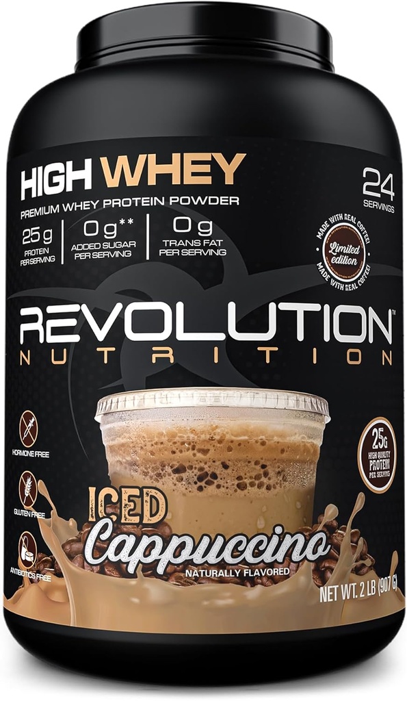 혁명 영양, 높은 Whey, 단백질 분말 2LB, Whey Isolate, 글루텐 무료, 남성 및 여성을위한 Lean 근육 질량, 스쿠 퍼 당 단백질 25g, 908 g, 24 서빙 (Iced Cappuccino, 2 파운드)