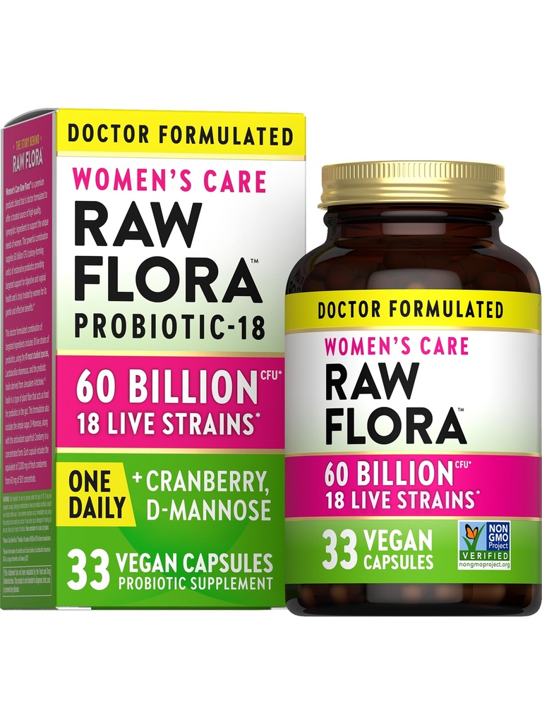 Raw Flora Women's Probiotics | Dr. Formulated 60 Billion CFU + Prebiotics | Digestive, Vaginal & Urinary Support | 크랜베리 및 D-Mannose가있는 33 Vegan 캡슐 | 선반 안정