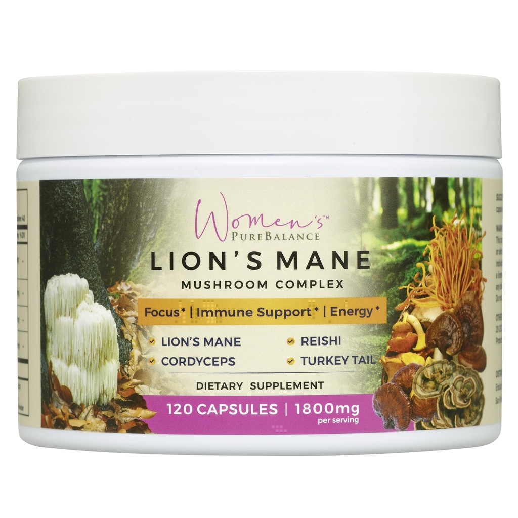 여성용 PureBalance Lion 's Mane Mushroom 보충 캡슐 Reishi, Cordyceps, 터키 꼬리 - 기억, 초점, 자연 에너지, & 면역 지원, 비 GMO (120 캡슐)에 대한 두뇌 Nootropic