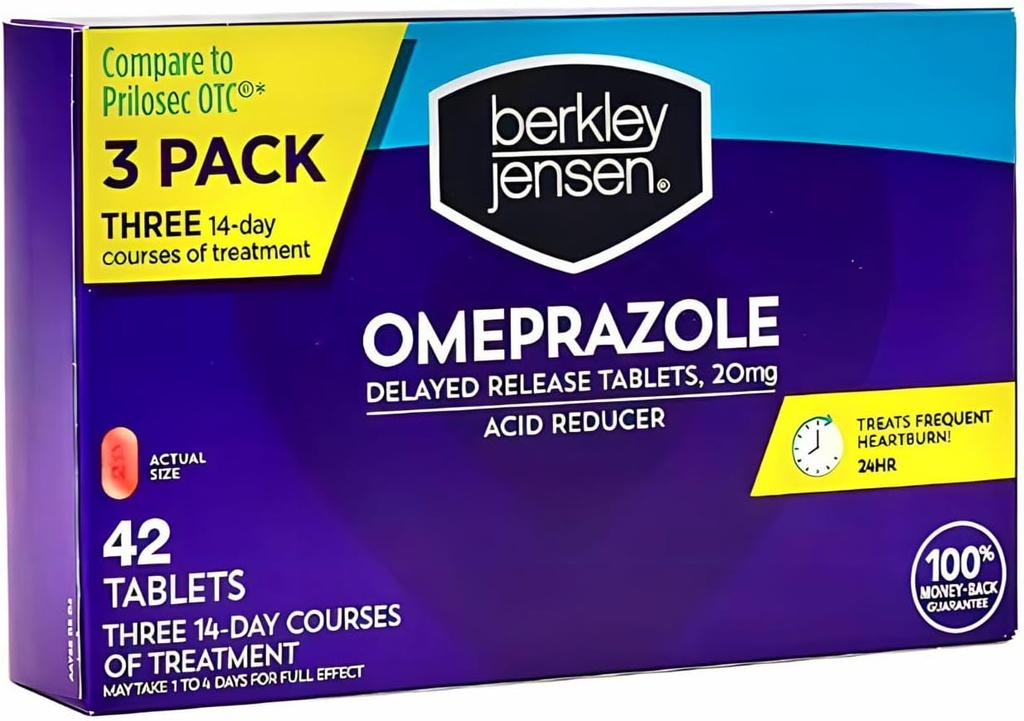 berkley jensen Omeprazole 20 mg 지연 릴리스 정제 - Heartburn Medicine- Acid Reducer Pills - 3 x 14-Day 과정, 42 카운트 총 (팩 1)