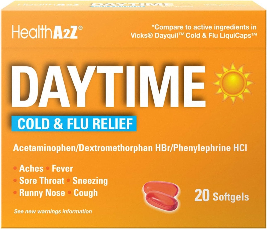 HealthA2Z® Daytime | Cold & Flu Medicine | 강력한 멀티스템 주간(20 Softgels) (일회 냉 & Flu Medicine (20 카운트 팩 1))