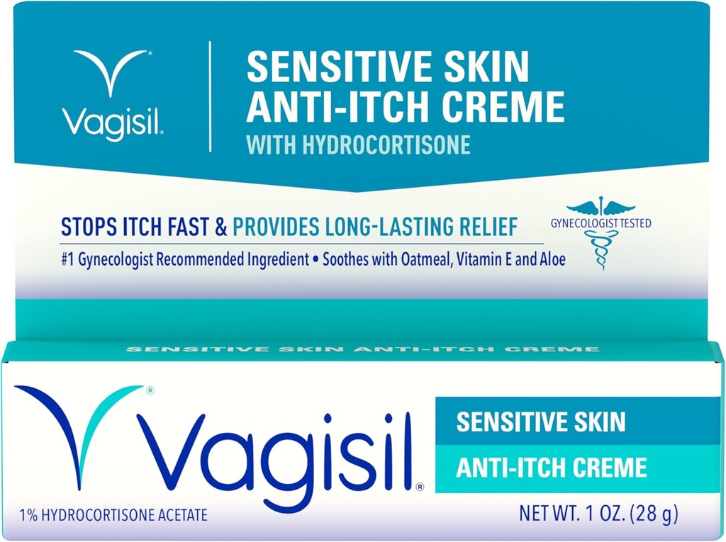 Vagisil Feminine 여성용 Anti-Itch Cream, Hydrocortisone가있는 민감한 피부 포뮬러, Yeast Infection Irritation, Gynecologist Tested, Soothes & Cools, 1oz (Pack of 1)를 구호하십시오.