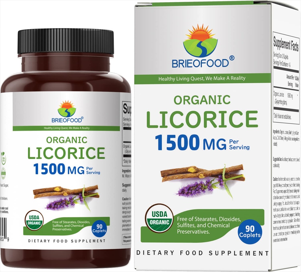 Brieofood 유기 Licorice 1500mg, 45 서빙, 채식, 글루텐 무료, 90 채식 정제