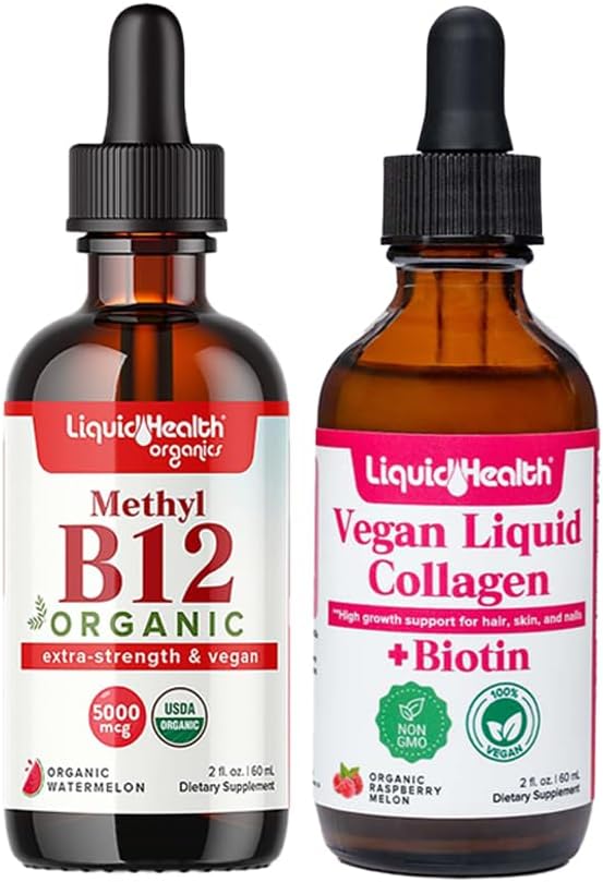 LiQUIDHEALTH 유기 메틸 B12 5000mcg Tart 버찌 주스 & 100% Vegan 식물 기초를 두는 교원질 플러스 Biotin 하락 - 자연적인 에너지 부스트는, 초점, 머리 & 못 성장, 피부 건강을 개량합니다