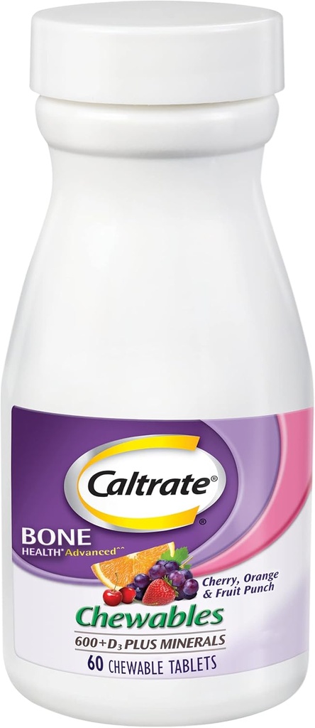 Caltrate Chewables 600 Plus D3 Plus 미네랄 칼슘 비타민 D 보충, 체리, 오렌지 및 과일 펀치 - 60 카운트