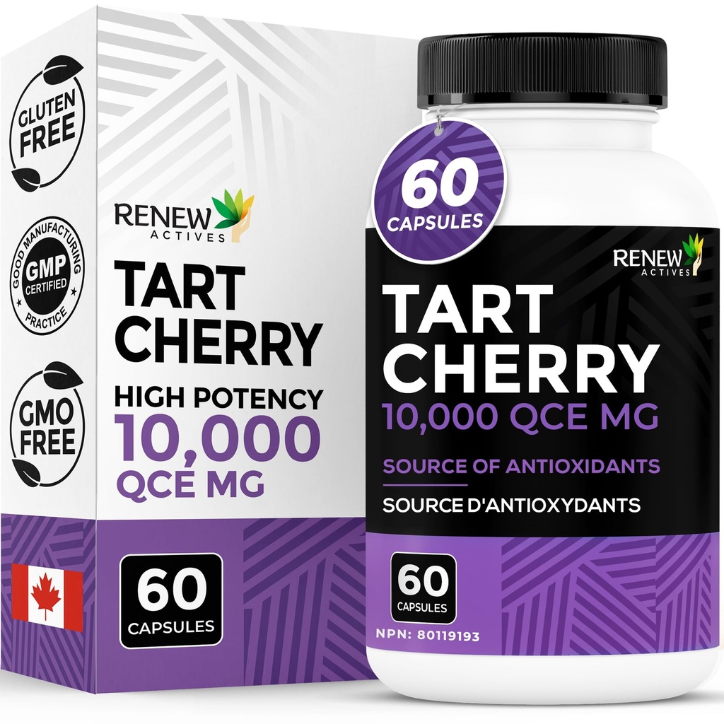 Renew Actives Tart Cherry Extra 500mg per 2 캡슐 - 무료 라디칼 보호 및 웰빙을위한 고순도 산화 방지제 - 60 Easy-to-Swallow 캡슐 - 캐나다산