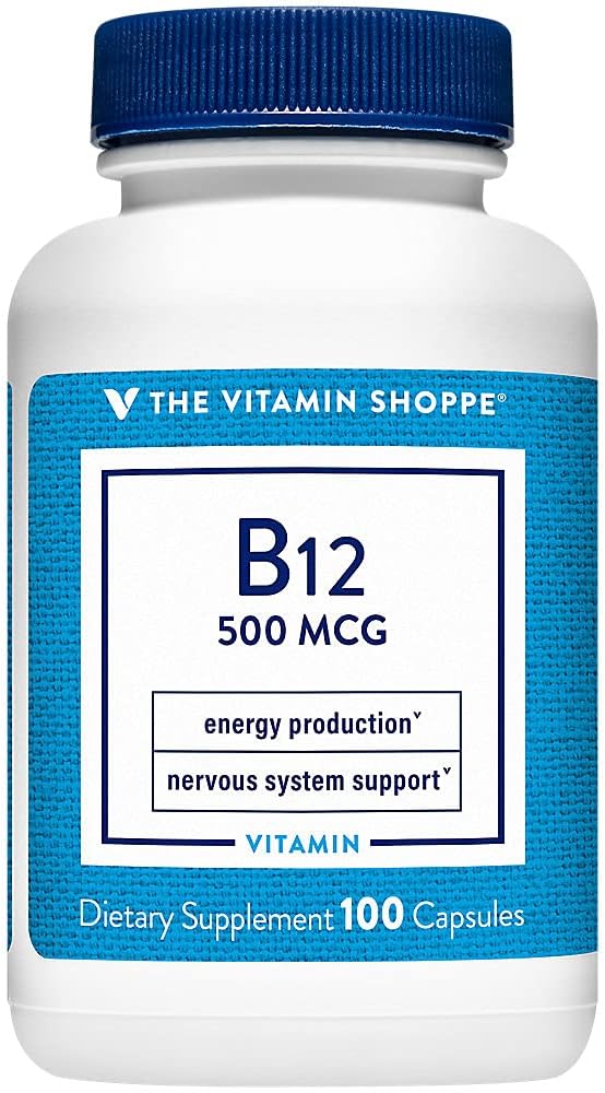 비타민 Shoppe 비타민 B12 500mcg - 에너지 생산 지원, 매일 다이어트 보충 - 비타민 B-12 (cyanocobalamin), 글루텐 & 낙농장 무료 (100 캡슐)