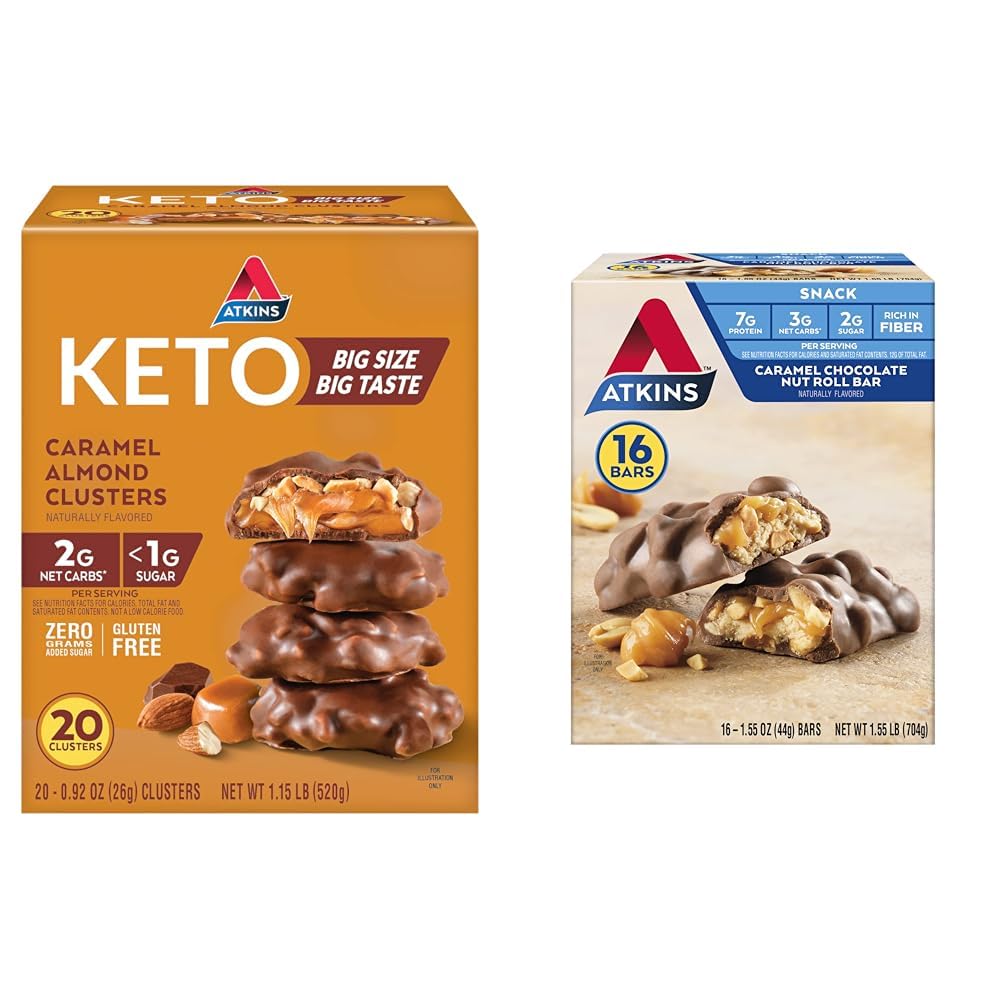 Atkins Caramel Almond Clusters, 글루텐 무료, 섬유, 1g 설탕, 2g Net Carb, Keto Friendly, 20 카운트 & Caramel 초콜릿 너트 롤 스낵 바, 단백질 스낵, 섬유, 2g 설탕, 16 카운트