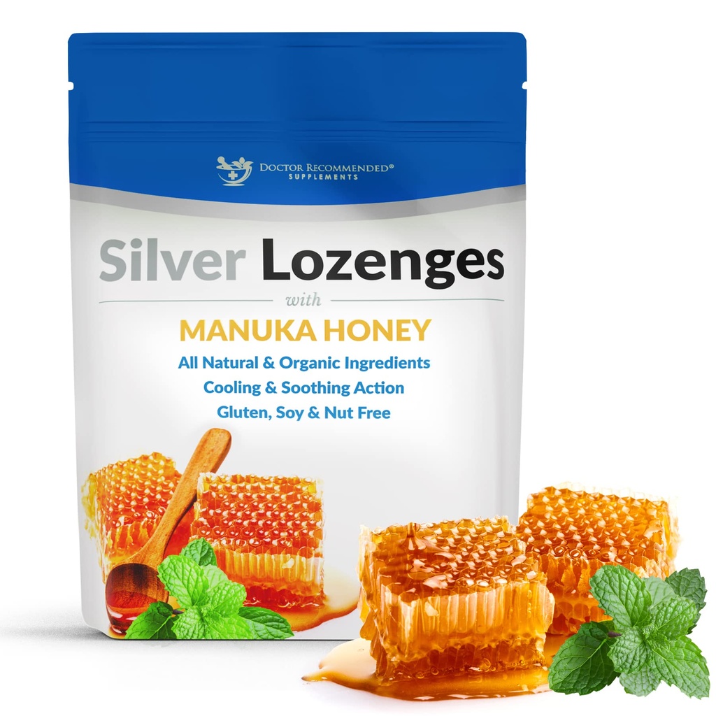 유기 마누카 꿀과 비타민 C를 가진 은 Lozenges - 60 PPM Colloidal 은 무기물 낙하의 All-Natural 나노 은 45-50mcg Immune 체계, Soothe, 차가운 기침 & 목, 24Lozenges