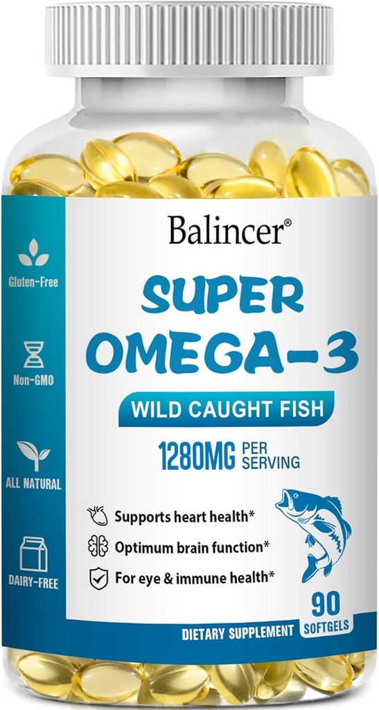 오메가 3 물고기 기름 보충교재, EPA와 DHA를 포함하여 1280 mg Omega-3 지방산, 야생 잡은 Burpless 물고기 기름은 심장, 뇌 및 눈 건강, 90 Softgels를 지원합니다