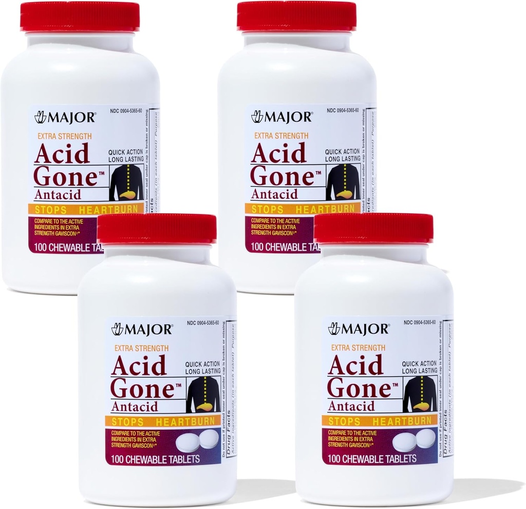 주요 산 Gone 여분 힘 Antacid Chewable 정제 - 반대로 산 기복 - 성인을 위한 산 Reflux 약 - Stomach, 산 Indigestion 및 Heartburn 기복 - 오래 견딘 - 100-Count (4 팩)