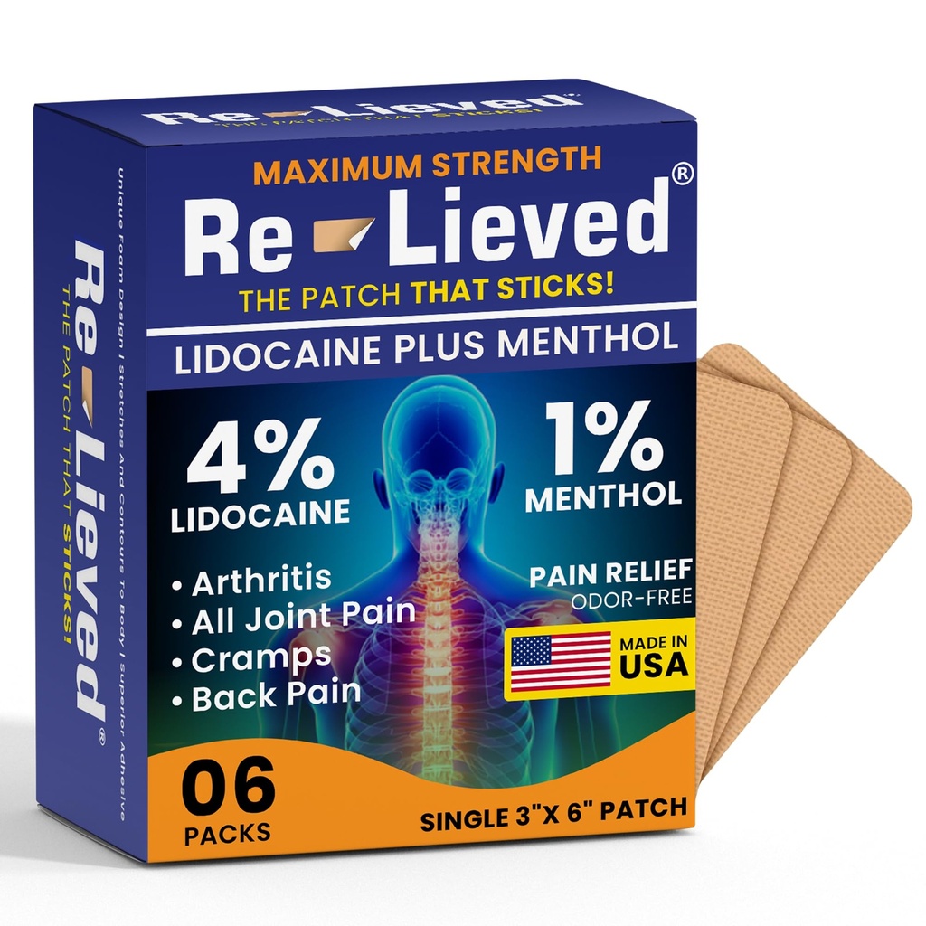 Re-lieved 4% Lidocaine Patchs with Menthol - 허리, 무릎 및 근육 통증을위한 최대 강도 통증 완화 - 빠른 인용 Medicated Patchs - 미국에서 만든 - 6 Count