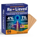 Re-lieved 4% Lidocaine Patchs with Menthol - 허리, 무릎 및 근육 통증을위한 최대 강도 통증 완화 - 빠른 인용 Medicated Patchs - 미국에서 만든 - 6 Count