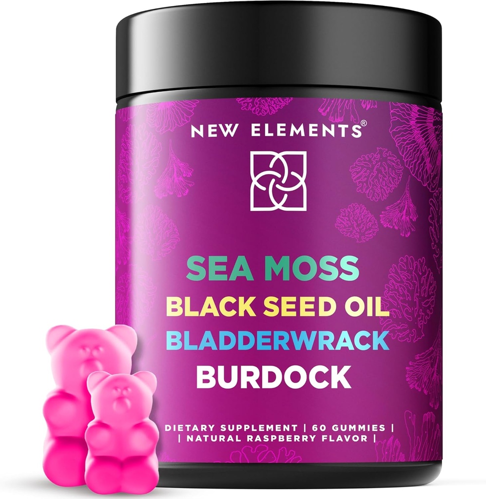 블랙 씨 오일, Bladderwrack & Burdock 뿌리를 가진 유기 바다 모스 Gummies | 아일랜드어 바다 모스 보충 1000mg | 4 in 1Advanced Formula 4X Stronger | 라즈베리 맛 | Vegan | Non-GMO | 글루텐 프리