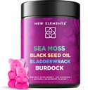 블랙 씨 오일, Bladderwrack & Burdock 뿌리를 가진 유기 바다 모스 Gummies | 아일랜드어 바다 모스 보충 1000mg | 4 in 1Advanced Formula 4X Stronger | 라즈베리 맛 | Vegan | Non-GMO | 글루텐 프리