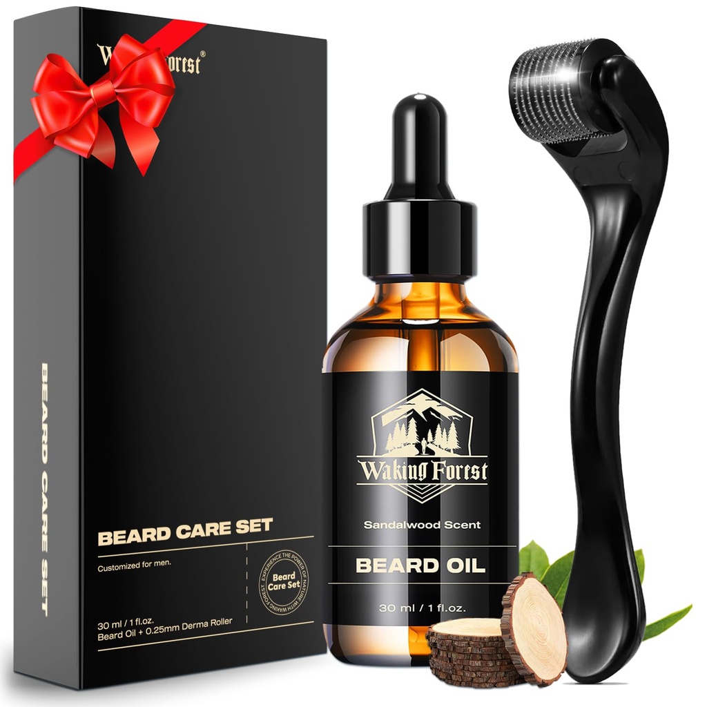 Waking Forest Derma Roller 0.25mm & Beard Oil(1oz), 샌들우드 Beard Kit, 540 티타늄을 가진 Microneedle Beard Roller, 남성용 비타민 E Beard Oil, 아빠 Boyfriend 아빠