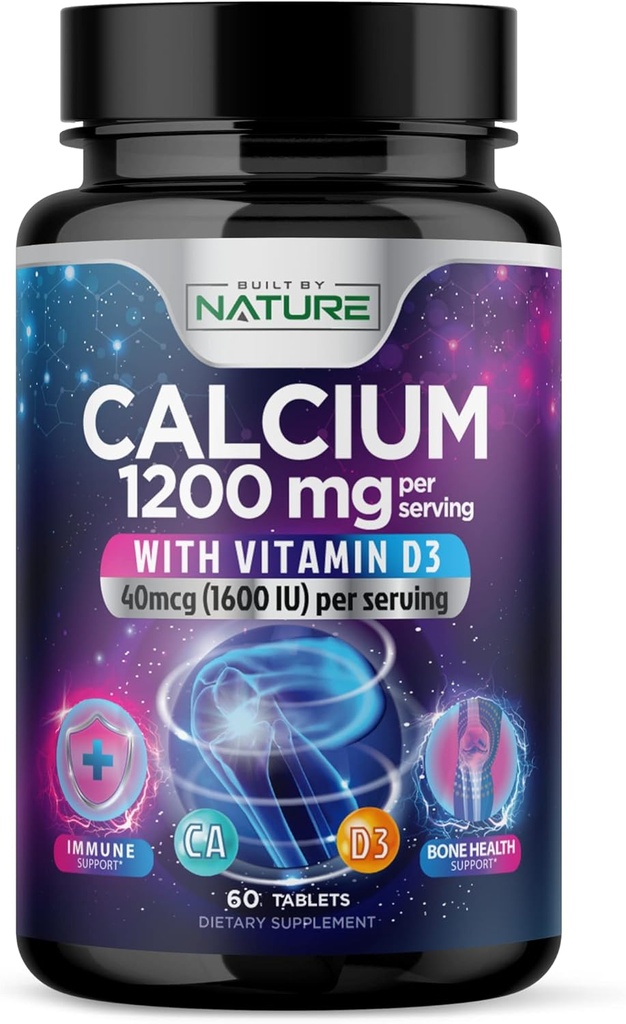 제일 흡수를 위한 비타민 D3를 가진 칼슘 1200mg - 진보된 뼈 지원 보충교재, 1200 mg 칼슘 탄산염 & 1600 IU 비타민 D3의 이마네 지원을 위한 느린 방출, 삼키기, 60 정제에 쉬운
