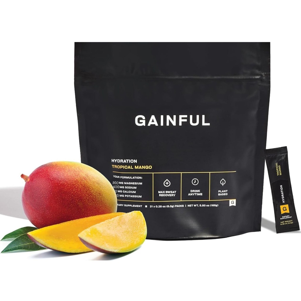 Gainful Hydration 분말 패킷, 키 Electrolytes 마그네슘과 나트륨, 에너지 지원, 낮은 설탕, 열대 망고, 21 스틱과 함께 카페인 무료