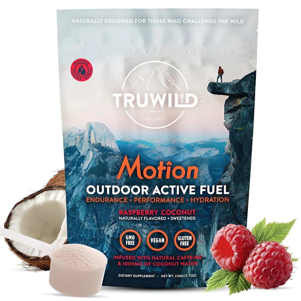 TruWild Motion All Natural Pre Workout Powder Drink Mix for Men & Women with No Jitters or Crash, 전체 식품 공장 기반 Vegan, Electrolytes + BioPerine, 20 서빙 (Coconut Raspberry)