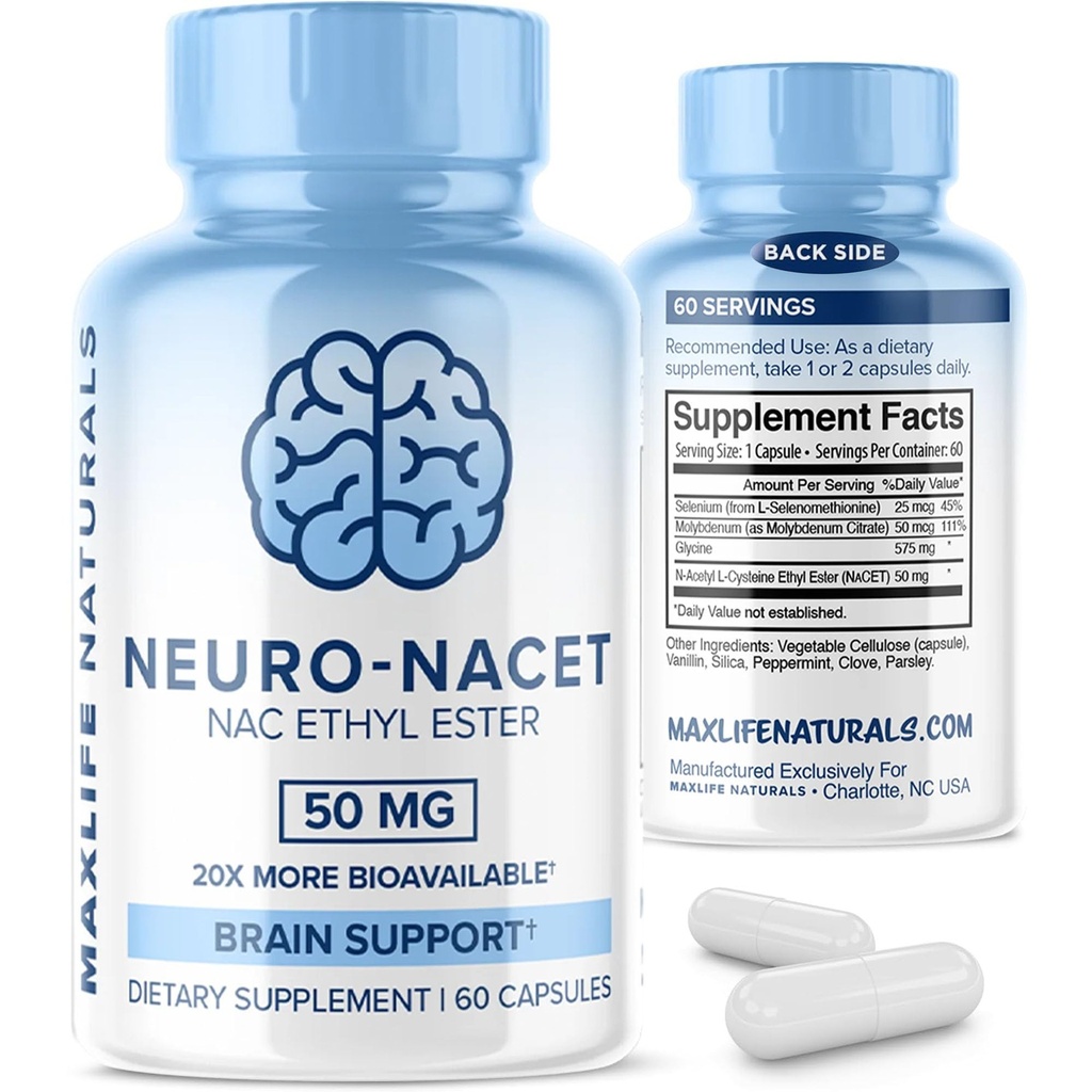 MaxLife Naturals Neuro NACET N-Acetyl L-Cysteine - 60 캡슐, 20x 더 Bioavailable Glycine NAC 보충교재 N-Acetyl Cysteine Ethyl Ester with Selenium, 10x Glutathione Boost for Brain & Lung 서포트