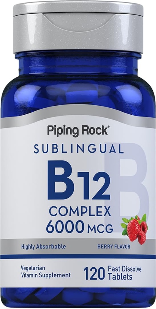 Piping Rock Sublingual B12 Complex 6000 mcg | 120 빠른 용해 정제 | 베리 맛 | 채식주의, 비 GMO 및 글루텐 무료