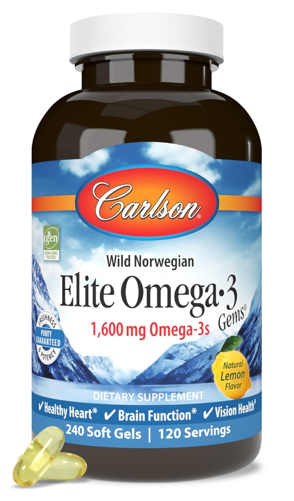 Carlson Elite Omega-3 Gems, 1600 mg Omega-3 EPA 및 DHA, 레몬 맛, 240 Softgels - Wild-Caught Norwegian Fish Oil, Sustainably Sourced
