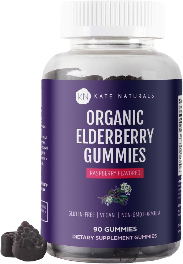 Kate Naturals Elderberry Gummies와 비타민 C와 성인 및 어린이 아연. Immune 지원을위한 맛있는 Sambucus Elderberry Gummies (90 Gummies, 45 일 공급, 유기)