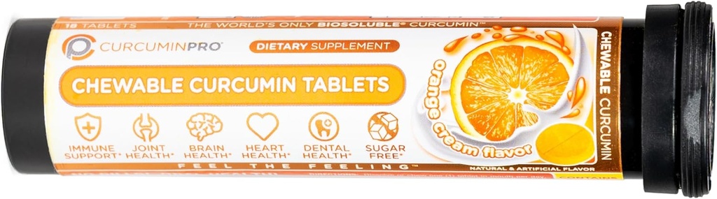 curcuminpro Chewable Tablets | 생물 수용성 유기 심황 쿠르쿠민 | 슈가프리 | 운동 지원 | 18 개 | 오렌지 크림 맛